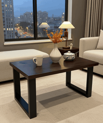 Coffee Table with Solid Beech or Ash Wood Top & Metal Legs