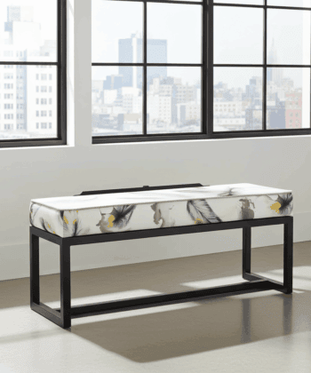 Feather Print Velvet Bench with Black Metal Frame