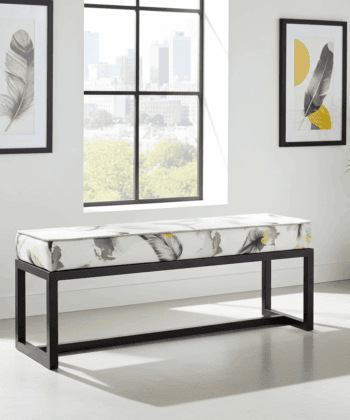 Feather Print Velvet Bench with Black Metal Frame