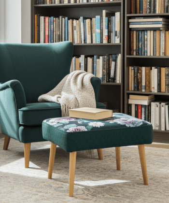 Footstool Dark Green Floral Velvet with Natural Wooden Legs