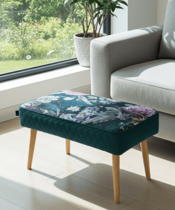 Footstool Dark Green Floral Velvet with Natural Wooden Legs