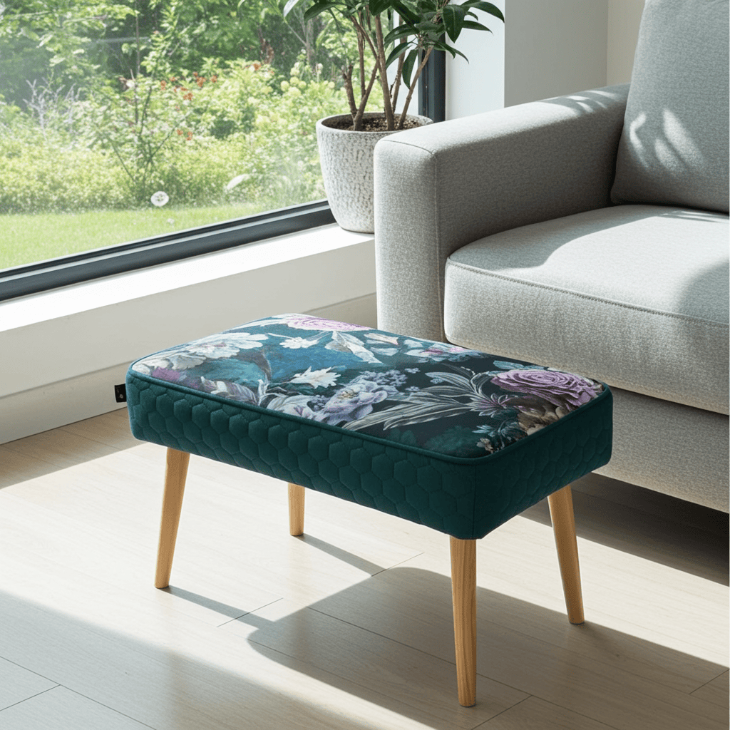 Footstool Dark Green Floral Velvet with Natural Wooden Legs