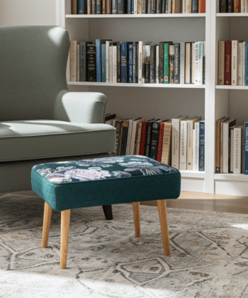 Footstool Dark Green Floral Velvet with Natural Wooden Legs