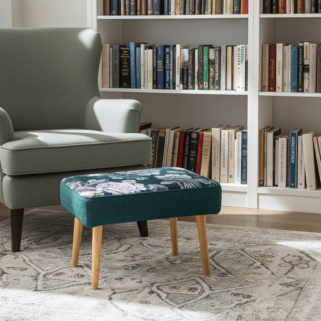 Footstool Dark Green Floral Velvet with Natural Wooden Legs