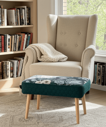 Footstool Dark Green Floral Velvet with Natural Wooden Legs