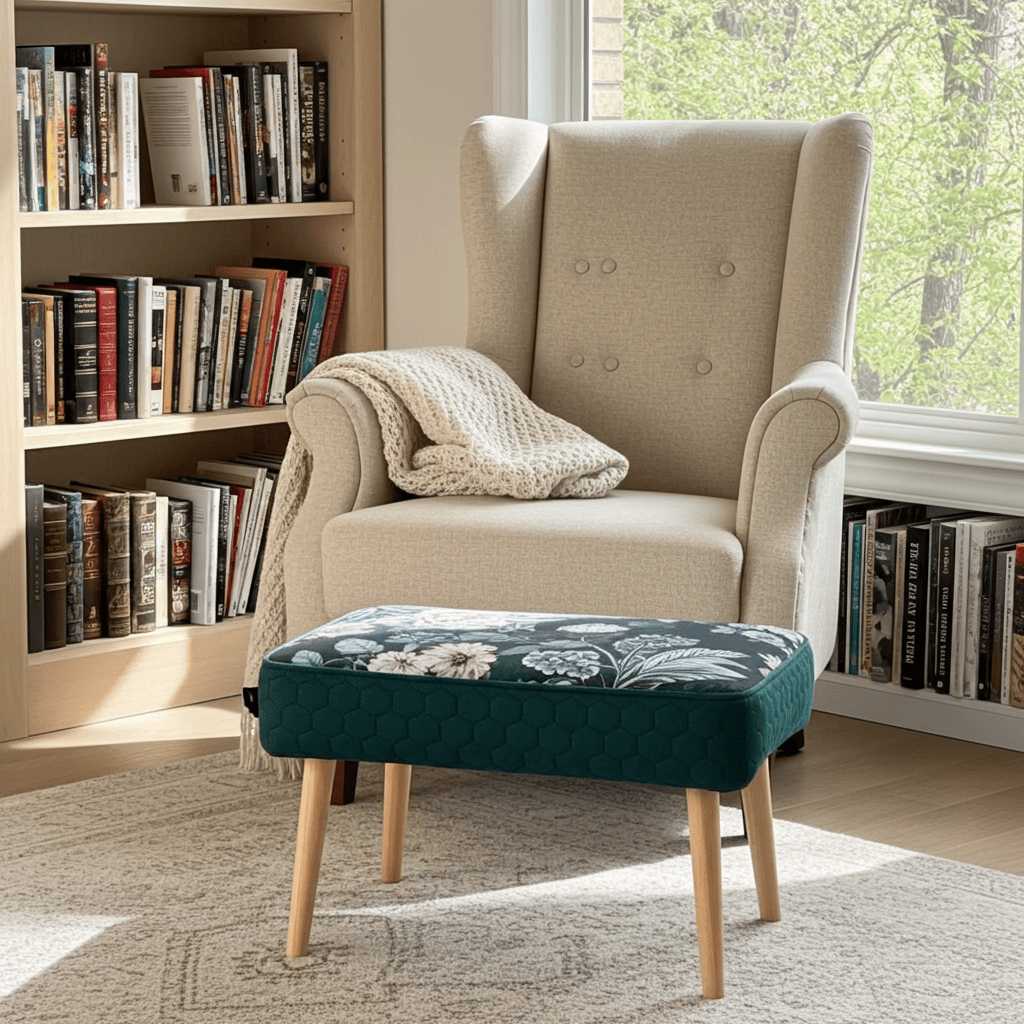 Footstool Dark Green Floral Velvet with Natural Wooden Legs
