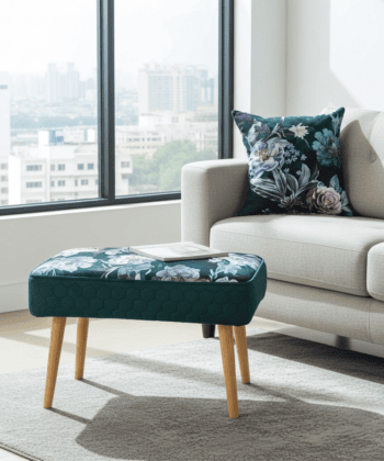 Footstool Dark Green Floral Velvet with Natural Wooden Legs