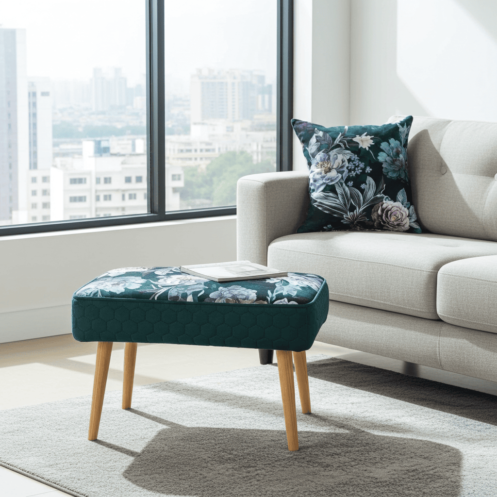 Footstool Dark Green Floral Velvet with Natural Wooden Legs
