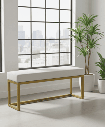 Light Grey Upholstered Metal Bench with Gold Frame