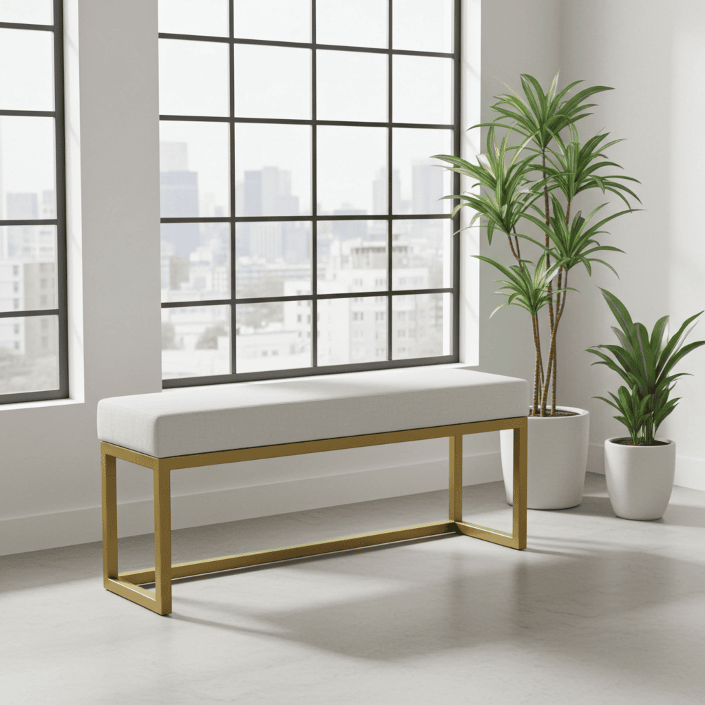 Light Grey Upholstered Metal Bench with Gold Frame