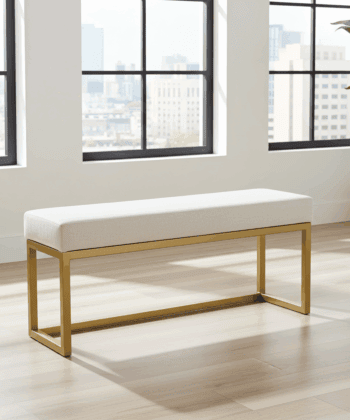 Light Grey Upholstered Metal Bench with Gold Frame