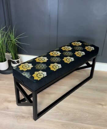 Mosaic Blossom Velvet Bench 100x30cm – Black Metal Frame