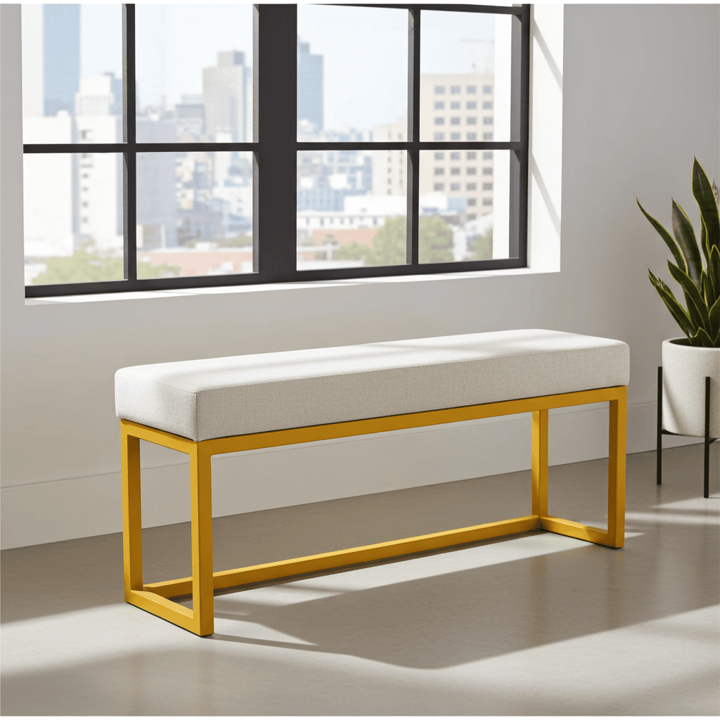 Modern Light Grey Bench – Gold Metal Frame Seating