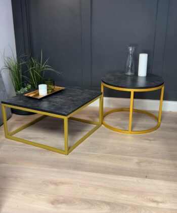 Modern Square Coffee Table – 60x60cm Dark Marble Effect Top & Gold Metal Fram