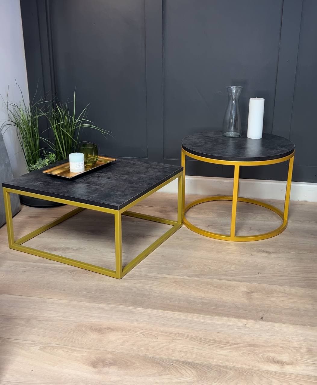 Modern Square Coffee Table – 60x60cm Dark Marble Effect Top & Gold Metal Fram