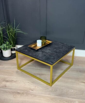 Modern Square Coffee Table – 60x60cm Dark Marble Effect Top & Gold Metal Fram