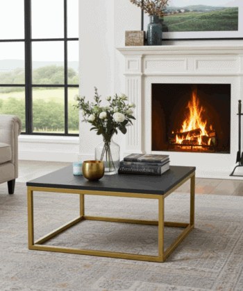 Modern Square Coffee Table – 60x60cm Dark Marble Effect Top & Gold Metal Fram