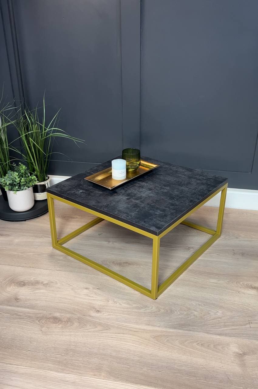 Modern Square Coffee Table – 60x60cm Dark Marble Effect Top & Gold Metal Fram