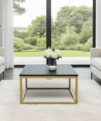 Modern Square Coffee Table – 60x60cm Dark Marble Effect Top & Gold Metal Fram