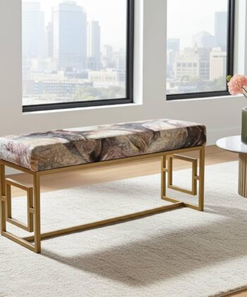Modern Velvet Metal Bench – Gold Frame, Rectangular, Long