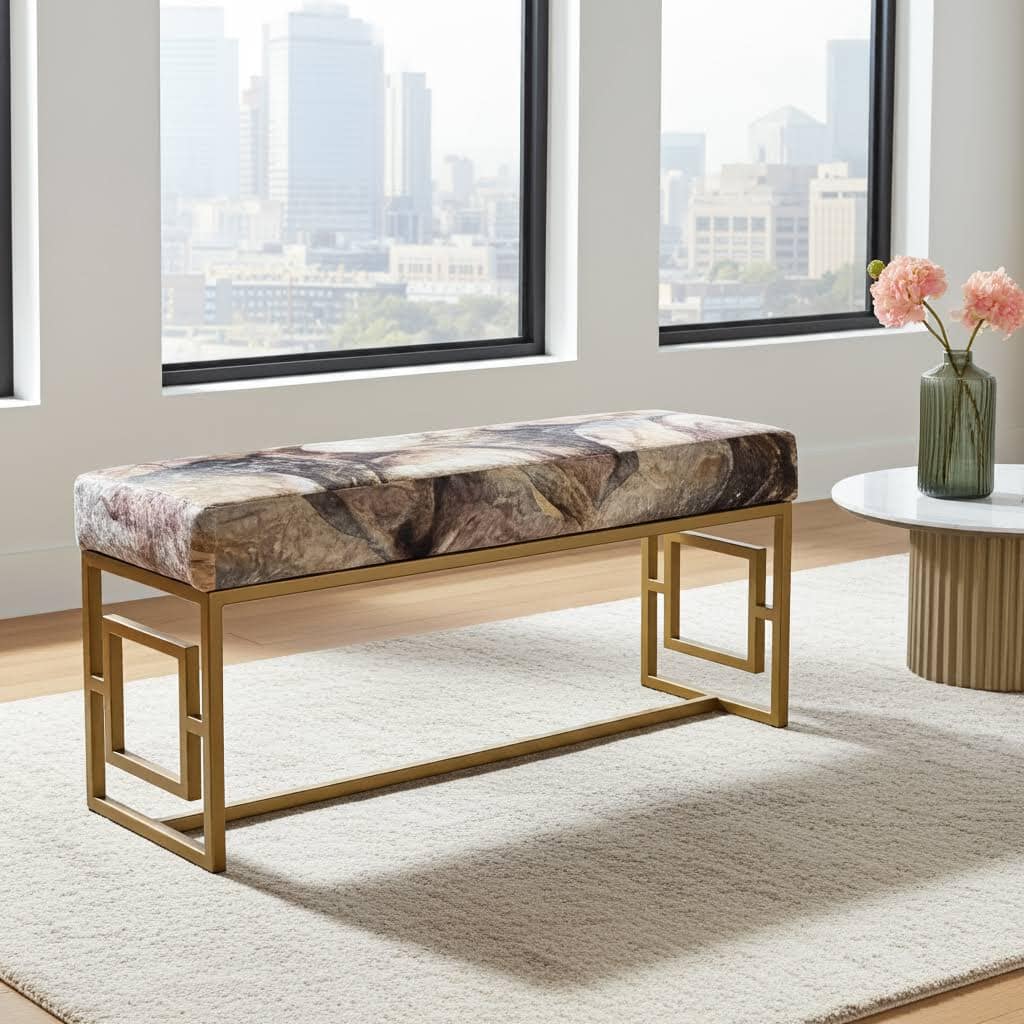Modern Velvet Metal Bench – Gold Frame, Rectangular, Long