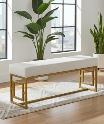 Modern Velvet Metal Bench – Gold Frame, Rectangular, White