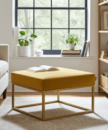 Mustard Velvet Square Ottoman 60x60cm - Yellow Metal Frame