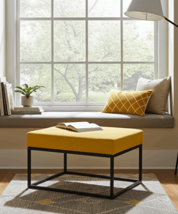Mustard Yellow Square Ottoman 60x60cm - Black Metal Frame