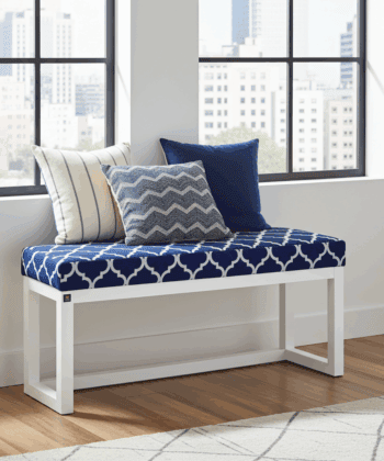 Navy Blue Geometric Wooden Bench 100x30cm White Alder Frame