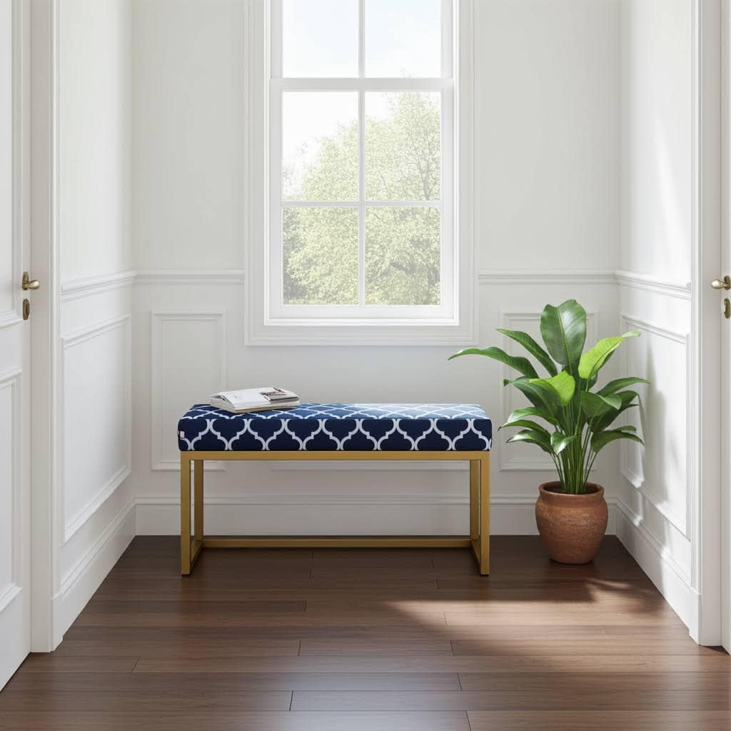 Navy Trellis UrbanChic Metal Bench 100x30cm – Gold Frame