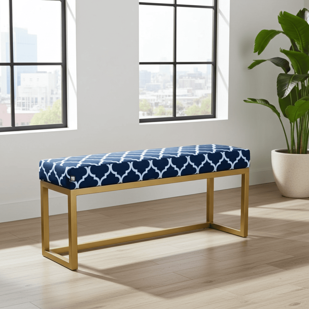 Navy Trellis UrbanChic Metal Bench 100x30cm – Gold Frame