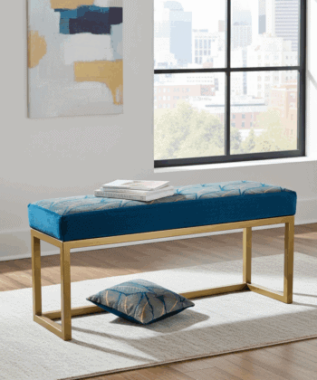 Patterned Blue Velvet & Gold Bench – Modern Glamour