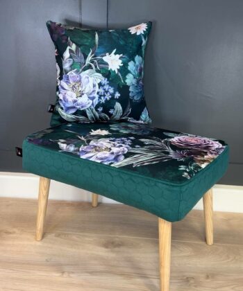 Footstool Dark Green Floral Velvet with Natural Wooden Legs