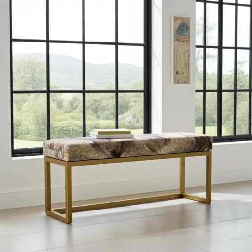 Stone print velvet bench with gold metal frame, modern design, suitable for hallways, bedrooms, and living rooms, showcasing elegant upholstery and minimal assembly requirements.