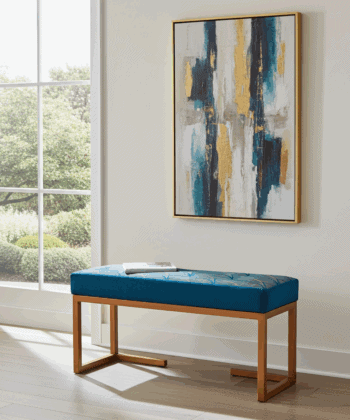 Teal Velvet & Copper Frame Bench – Modern Art Deco Accent