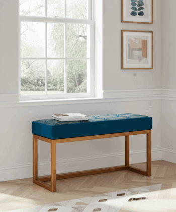 Teal Velvet & Copper Frame Bench – Modern Art Deco Accent