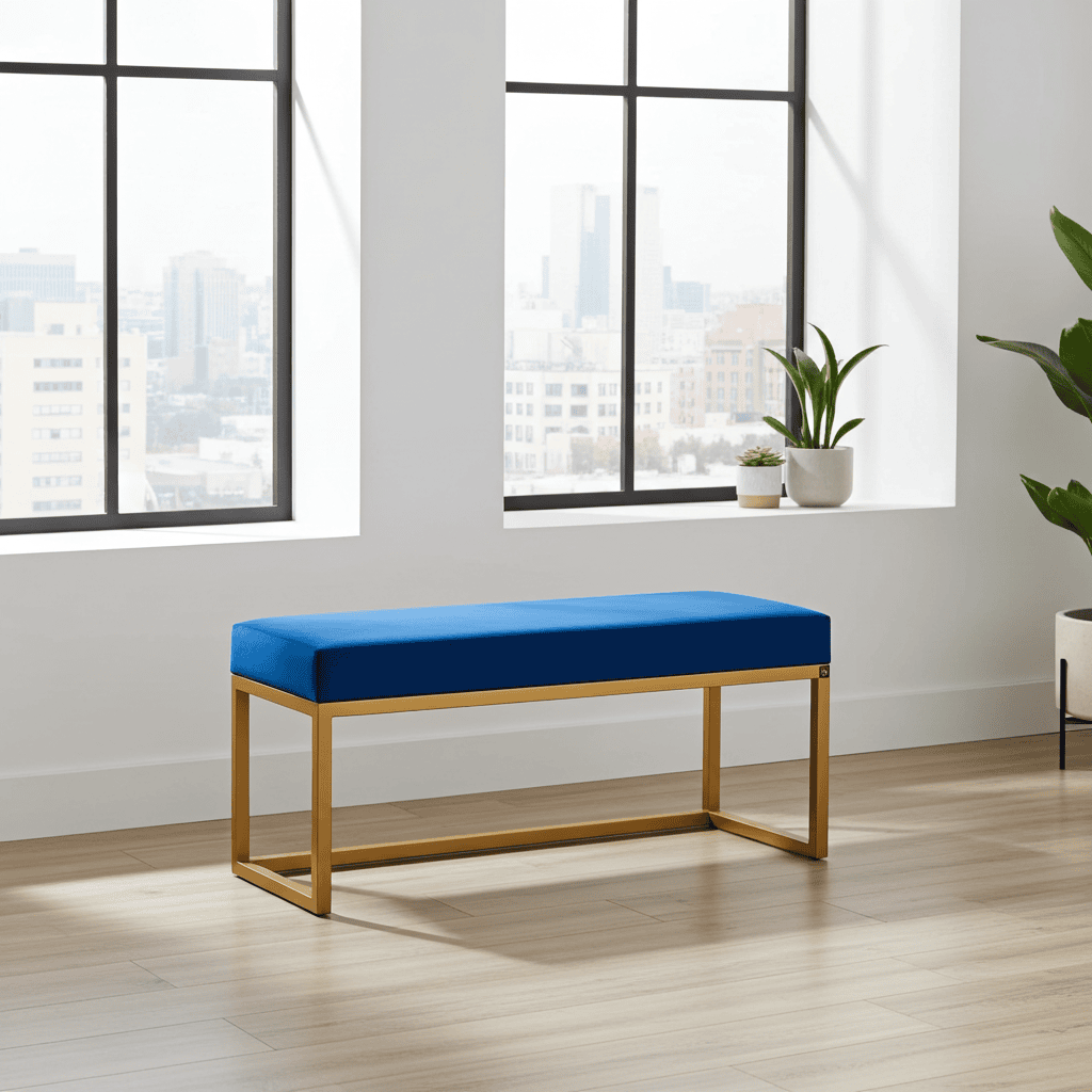 UrbanChic Blue Velvet Metal-Framed Bench Gold Frame