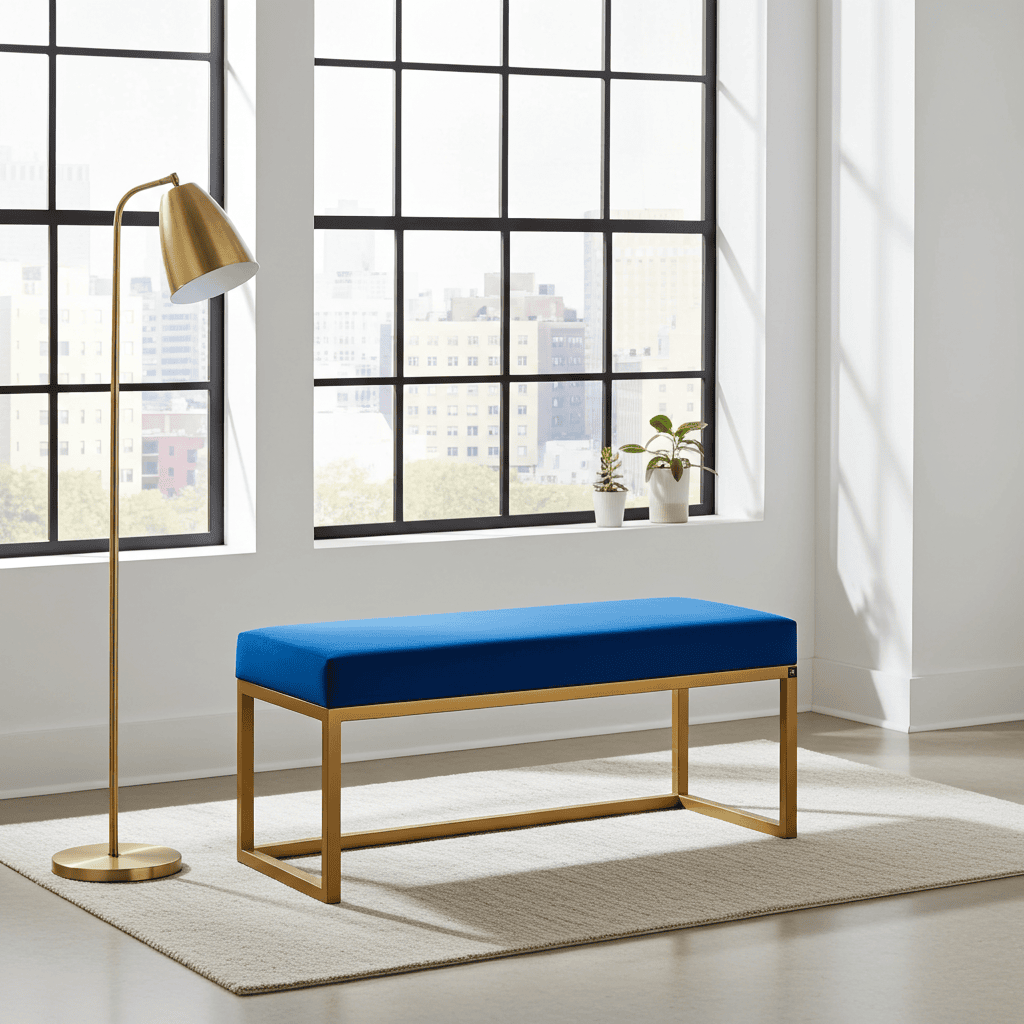 UrbanChic Blue Velvet Metal-Framed Bench Gold Frame