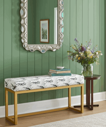 UrbanChic Figure Print Velvet Bench – Stylish Yellow Frame Accent
