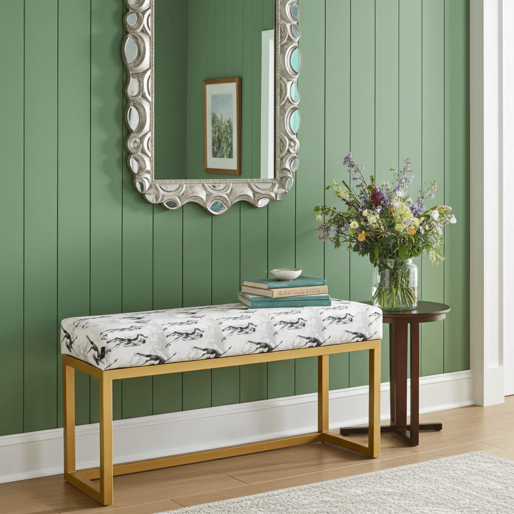 UrbanChic Figure Print Velvet Bench – Stylish Yellow Frame Accent