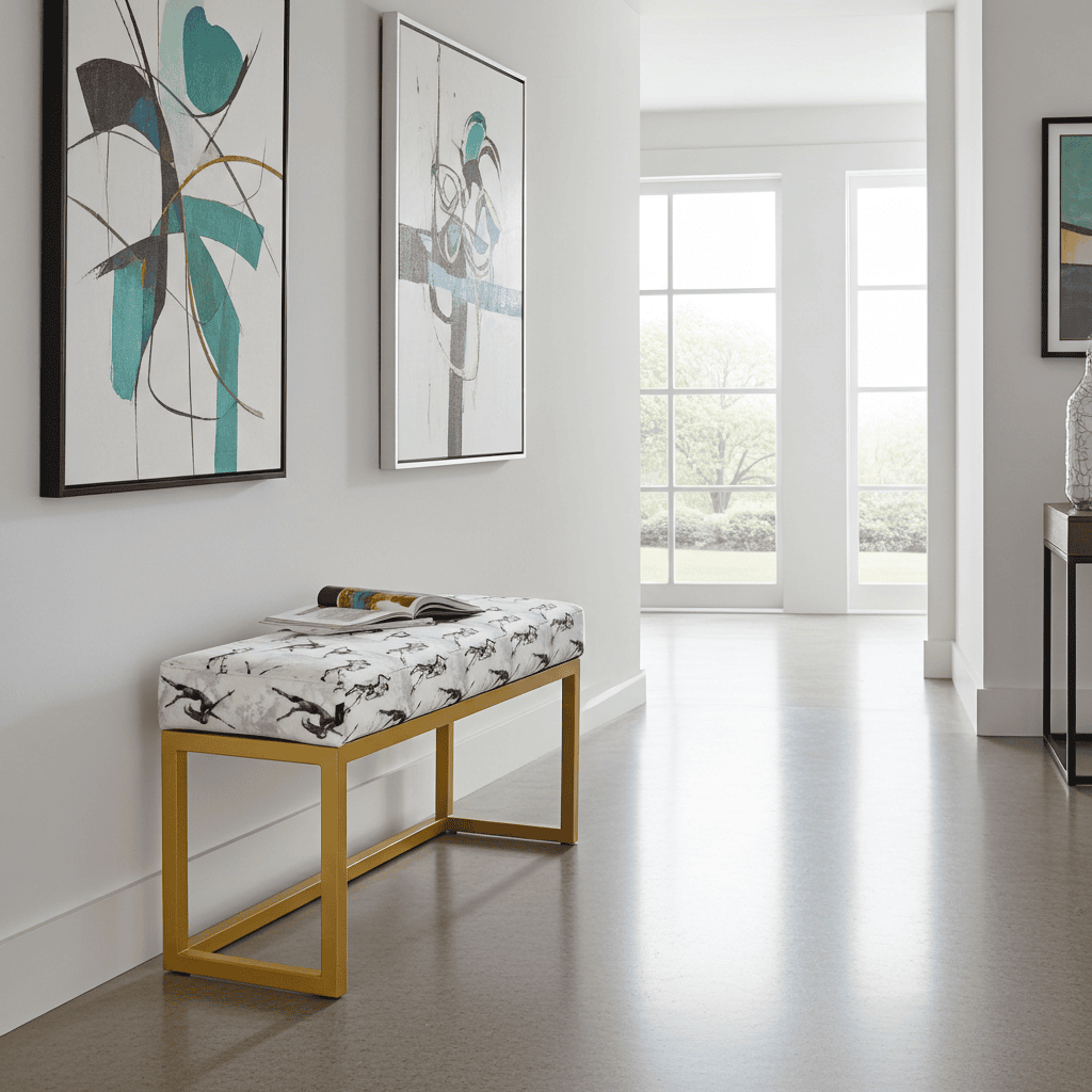 UrbanChic Figure Print Velvet Bench – Stylish Yellow Frame Accent