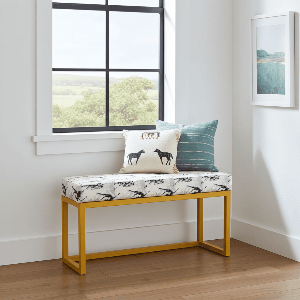 UrbanChic Figure Print Velvet Bench – Stylish Yellow Frame Accent