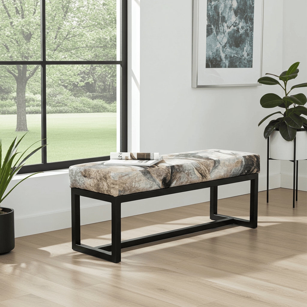 UrbanChic Stone Velvet Bench – Stylish Black Frame Accent