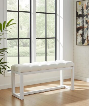 White Eco-Leather Tufted Bench 100x30cm - White Alder Frame