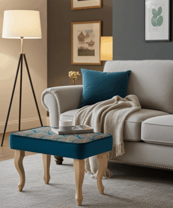 Azure Leaf Velvet Footstool – Botanical Elegance Pouffe