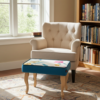 Sky Blue Floral Velvet Footstool 60x40cm with Curved Wooden Legs for Living Room Comfort