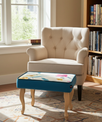 Sky Blue Floral Velvet Footstool 60x40cm with Curved Wooden Legs for Living Room Comfort
