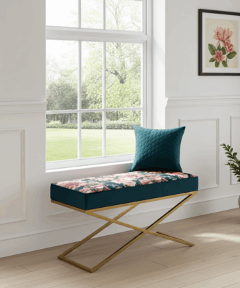 Metal-Framed Bench  – Gold Frame & Velvet Botanical Seat