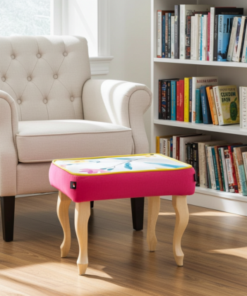 Pink Velvet Footstool with Artistic Floral Top – Vibrant Accent