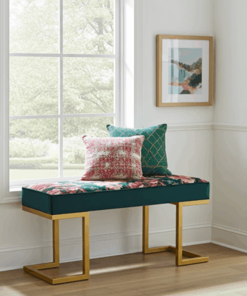 Upholstered Bench with Gold Metal Frame – Floral Velvet Elegance